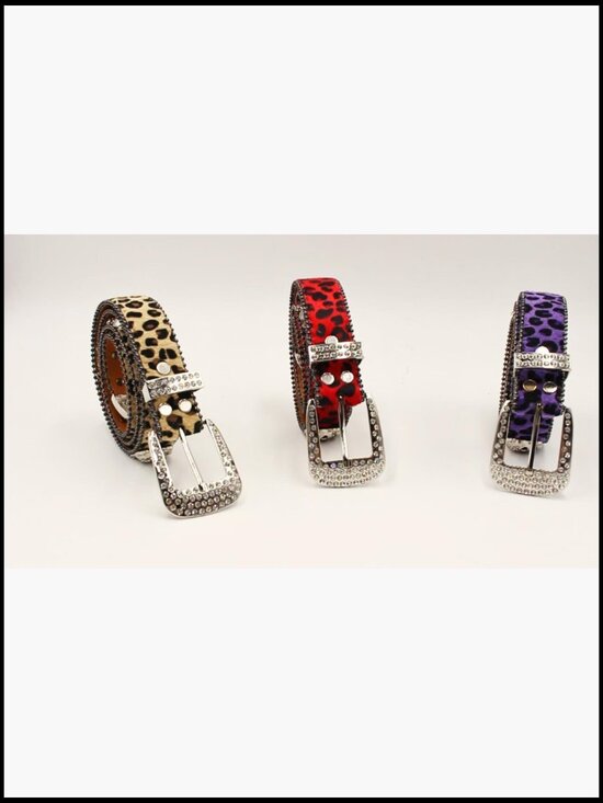 Rhinestone Skull Leopard Belt with Studded Skulls and Metal Buckle